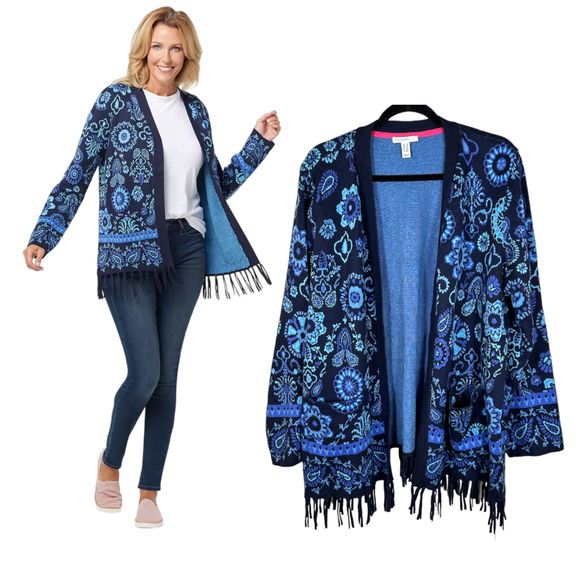 Isaac Mizrahi Sweaters - Isaac Mizrahi Live Jacquard Floral Tassel Open Front Cardigan Size 2X